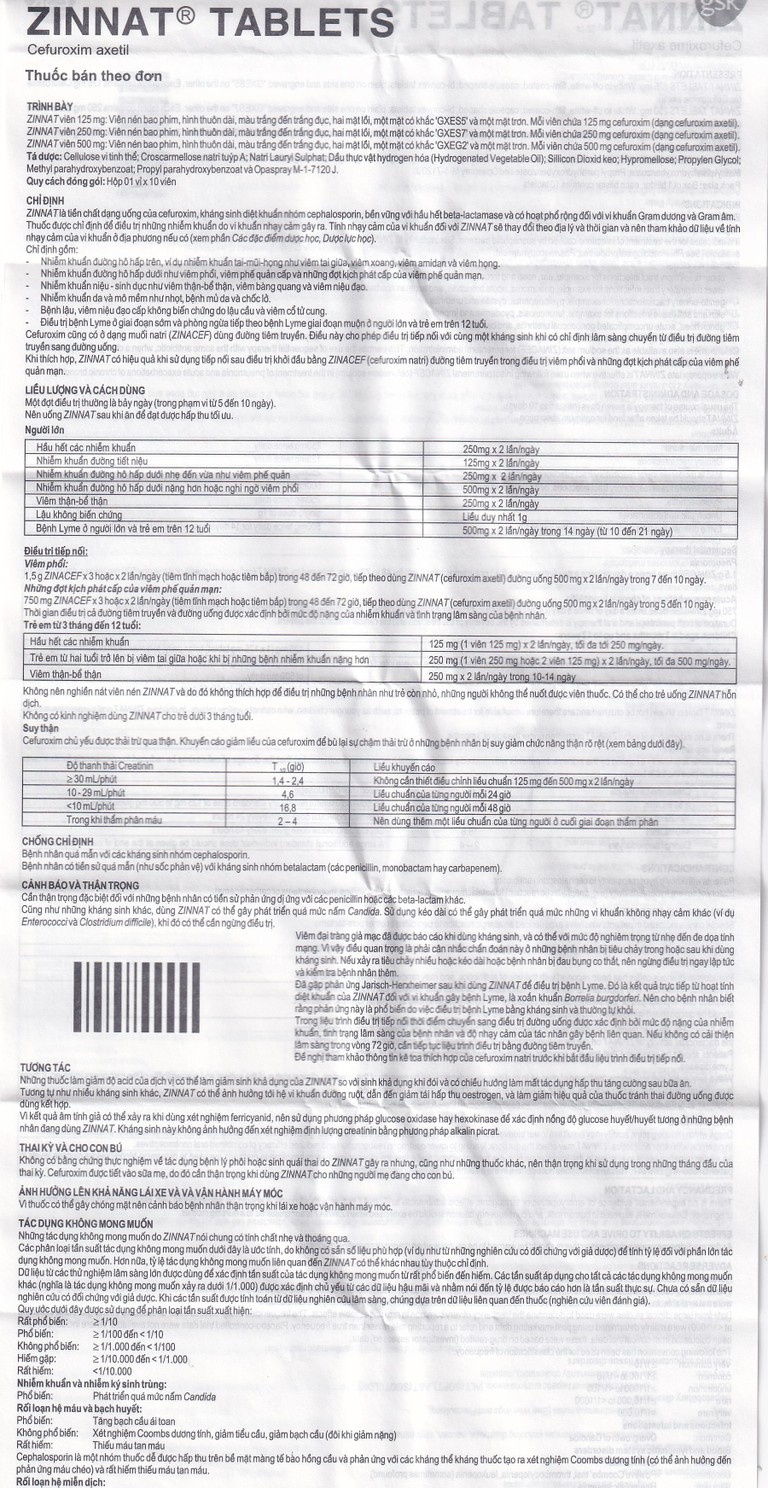 Thuốc Zinnat 500mg GSK điều trị các chứng nhiễm khuẩn, viêm tai giữa, viêm xoang (1 vỉ x 10 viên)
