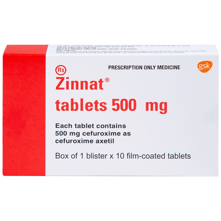 Thuốc Zinnat 500mg GSK điều trị các chứng nhiễm khuẩn, viêm tai giữa, viêm xoang (1 vỉ x 10 viên)