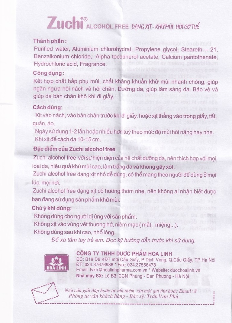Xịt khử mùi Zuchi Hoa Linh ngăn ngừa hôi nách, hôi chân (20ml)