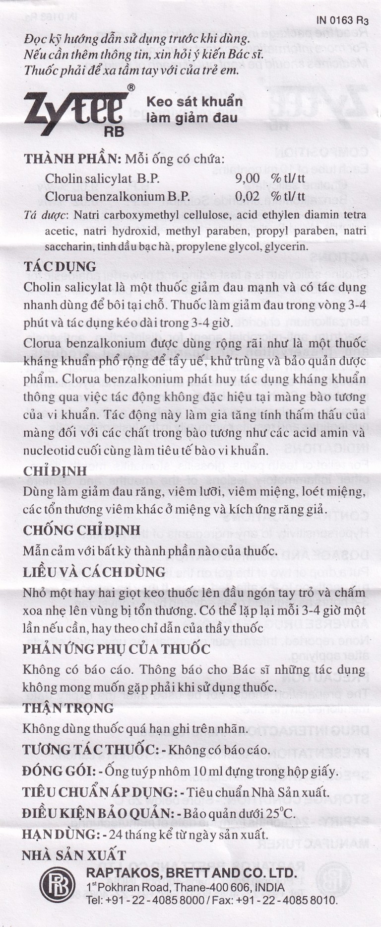 Gel Zytee RB Raptakos sát trùng giảm đau (10ml)
