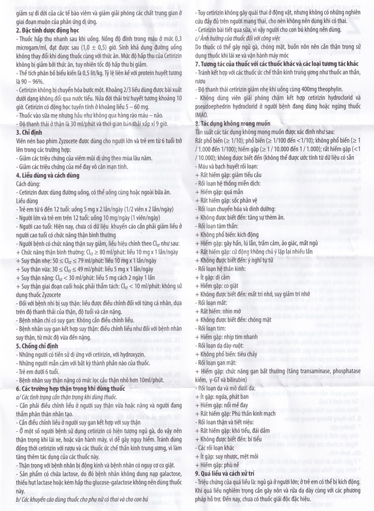 Thuốc Zyzocete Thephaco giảm triệu chứng viêm mũi dị ứng, mày đay (10 vỉ x 10 viên)