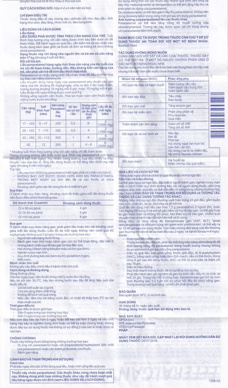 Viên sủi Efferalgan 500mg UPSA SAS giảm đau, hạ sốt (4 vỉ x 4 viên)