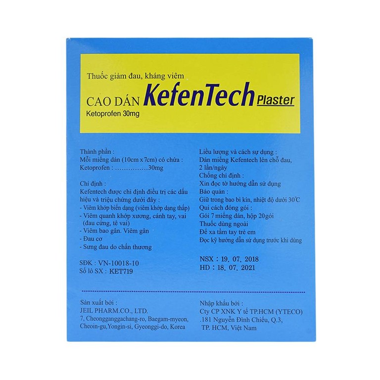 Cao dán KefenTech Plaster Jeil kháng viêm, giảm đau viêm khớp, viêm bao gân, đau cơ (20 gói)