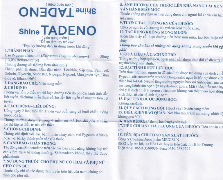 Thuốc ShineTadeno 50mg Medisun phòng và hỗ trợ điều trị rối loạn đường tiểu (3 vỉ x 10 viên)