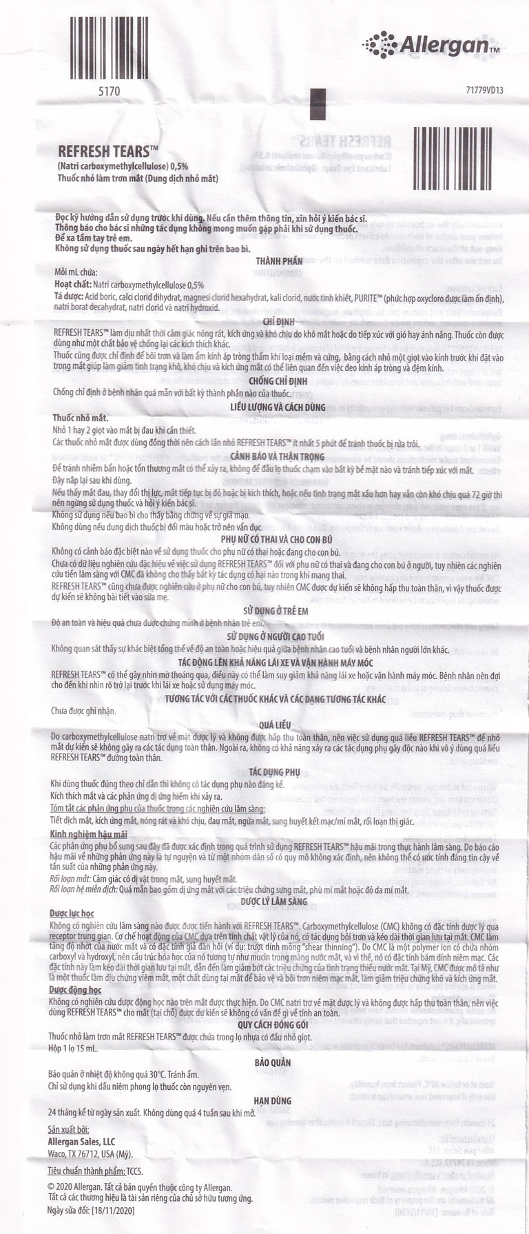 Thuốc nhỏ mắt Refresh Tears Allergan giảm khô mắt, mắt đỏ (15ml)