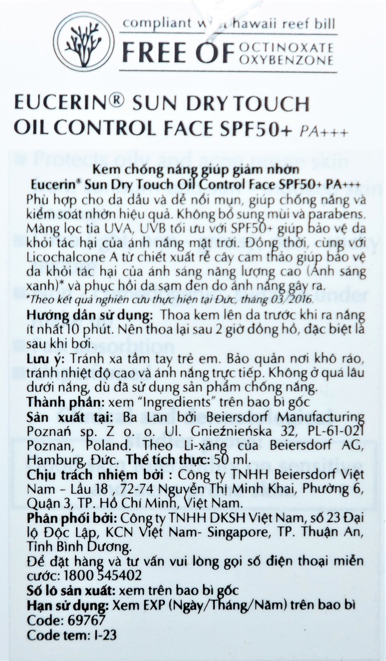 Kem chống nắng Eucerin Sun Dry Touch Oil Control SPF50+ PA+++ kiểm soát nhờn (50ml)