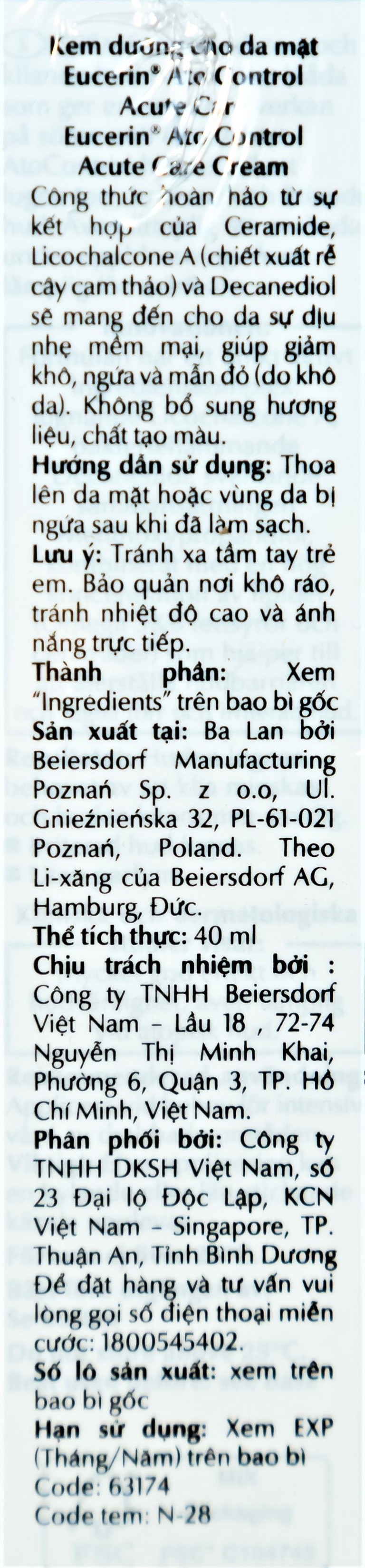 Kem dưỡng da mặt Eucerin AtoControl Acute Care Cream giảm khô, ngứa và mẩn đỏ (40ml)