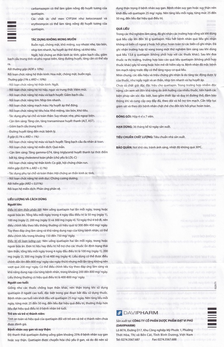 Thuốc Queitoz-200 Davipharm điều trị tâm thần phân liệt (4 vỉ x 7 viên)