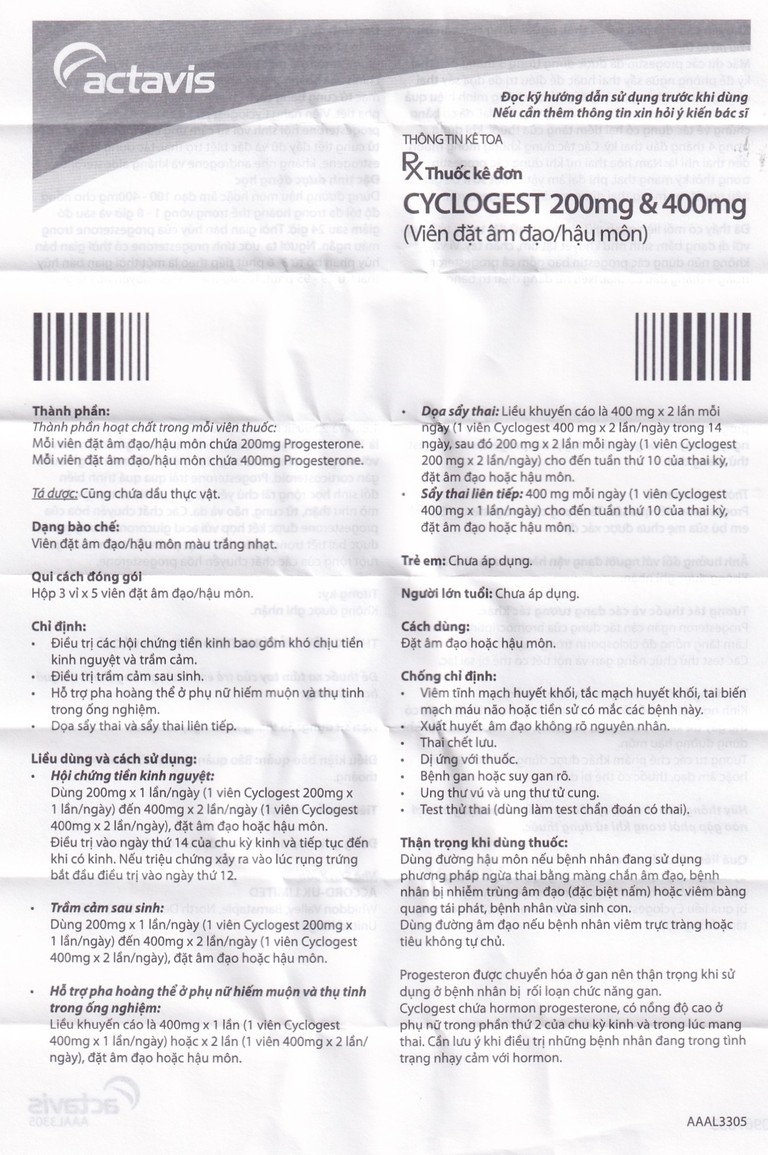 Viên đặt Cyclogest 400mg Actavis điều trị các hội chứng tiền kinh, trầm cảm (3 vỉ x 5 viên)