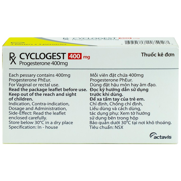 Viên đặt Cyclogest 400mg Actavis điều trị các hội chứng tiền kinh, trầm cảm (3 vỉ x 5 viên)