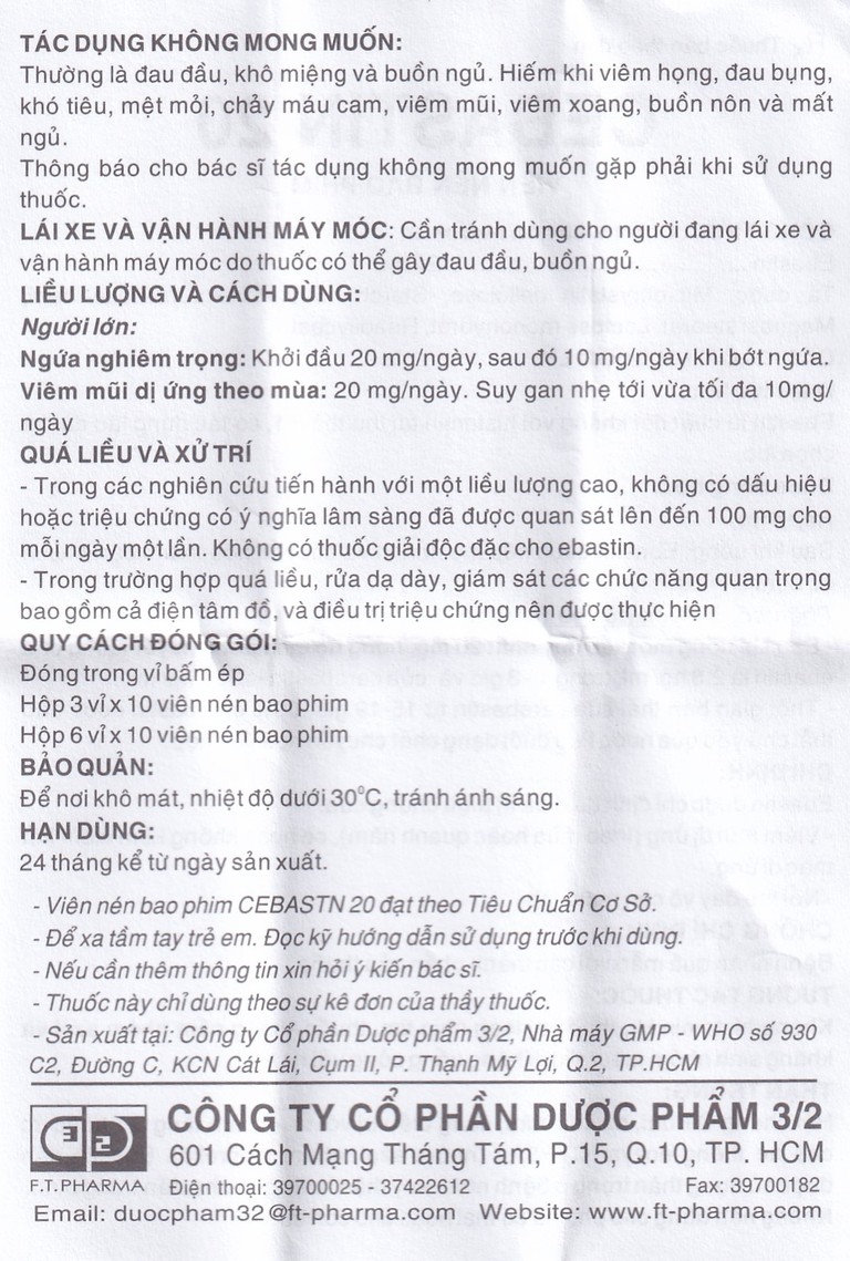 Thuốc Cebastin20 Dược 3-2 điều trị viêm mũi dị ứng, mày đay (3 vỉ x 10 viên) 