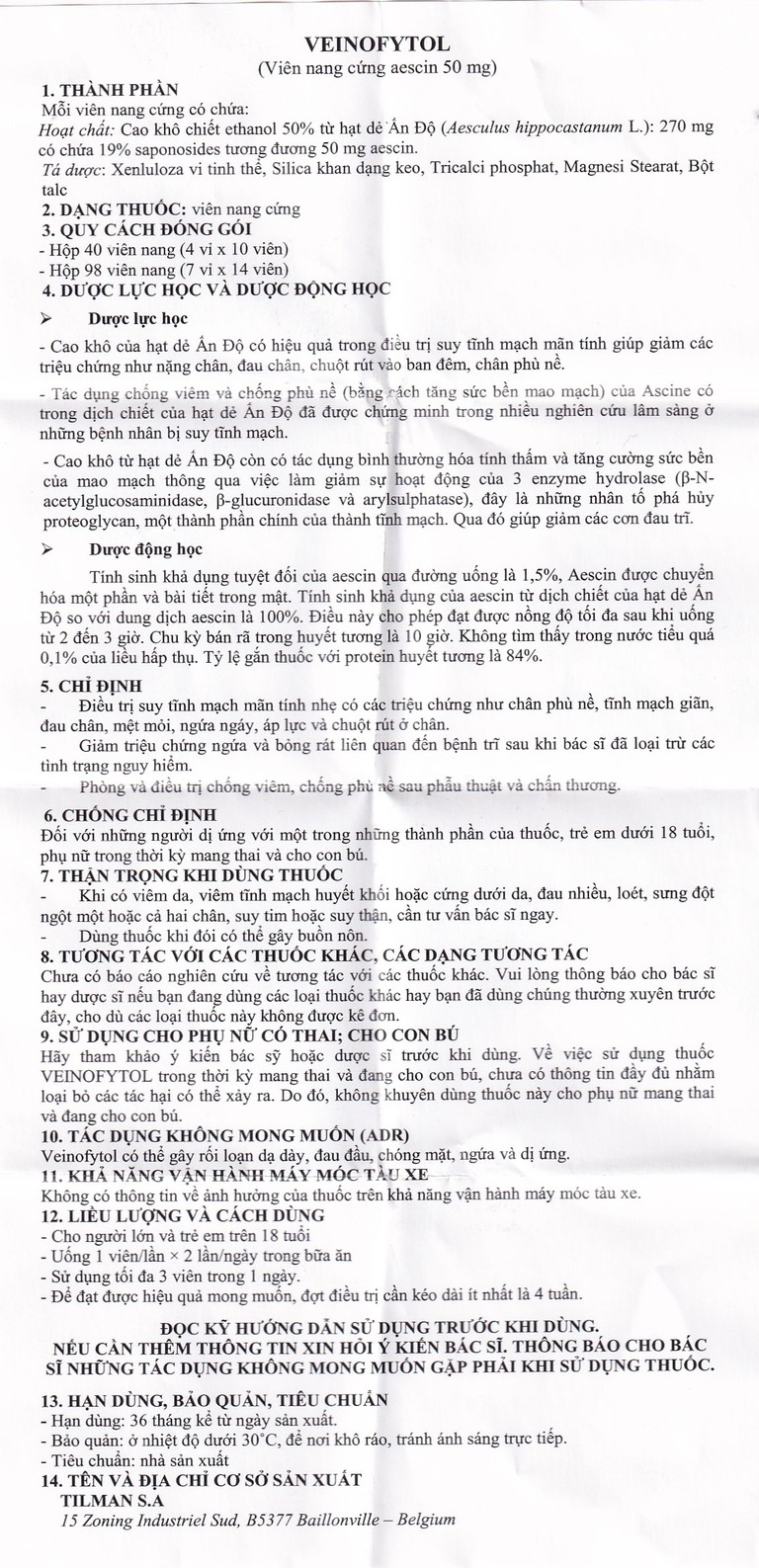 Thuốc Veinofytol Tilman điều trị suy tĩnh mạch mãn tính nhẹ (4 vỉ x 10 viên)