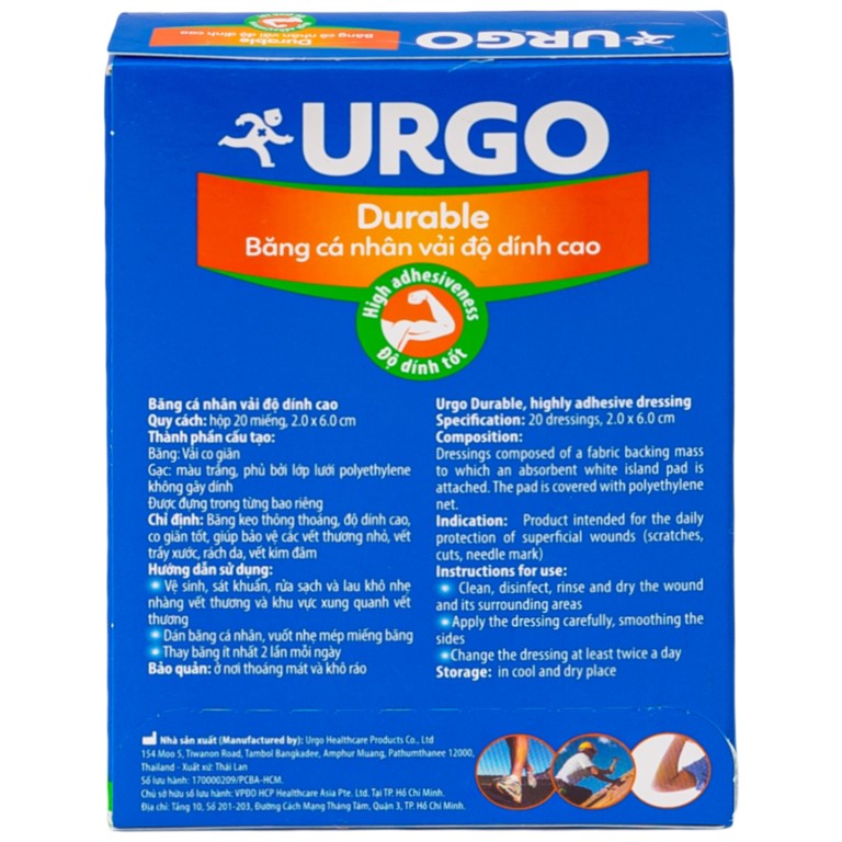Băng cá nhân vải độ dính cao Urgo Durable size 2cm x 6cm bảo vệ các vết thương nhỏ, vết trầy xước, rách da (20 miếng)  