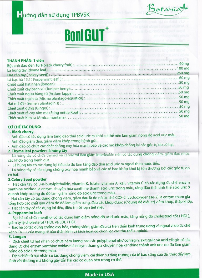 Viên uống BoniGut Botania giảm nồng độ acid uric trong máu, hỗ trợ điều trị bệnh gout (60 viên)