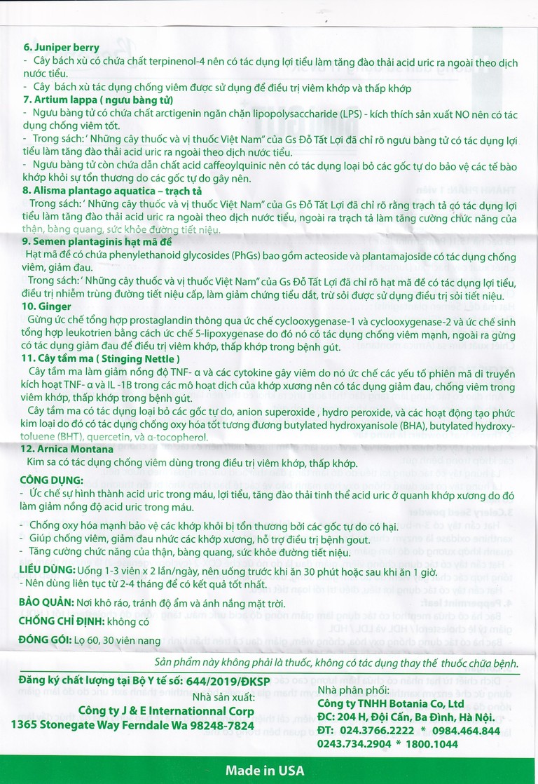 Viên uống BoniGut Botania giảm nồng độ acid uric trong máu, hỗ trợ điều trị bệnh gout (60 viên)