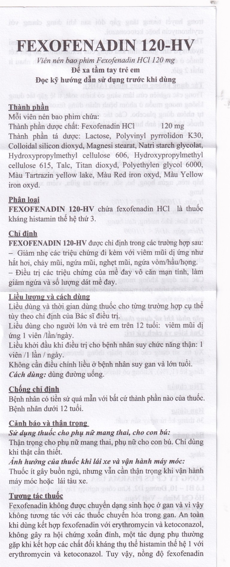Thuốc Fexofenadin 120-HV USP điều trị viêm mũi dị ứng theo mùa, mày đay mạn tính vô căn (10 vỉ x 10 viên)
