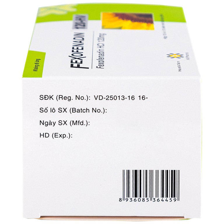 Thuốc Fexofenadin 120-HV USP điều trị viêm mũi dị ứng theo mùa, mày đay mạn tính vô căn (10 vỉ x 10 viên)