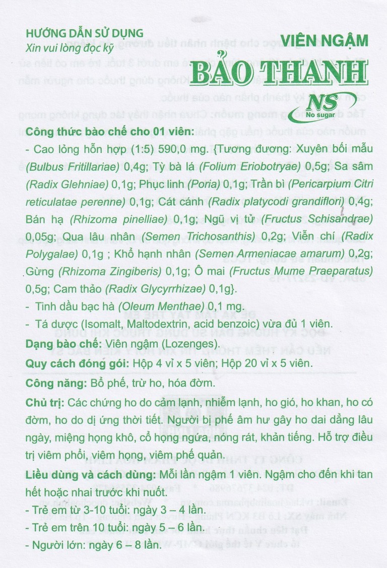 Viên ngậm Bảo Thanh Hoa Linh không đường - bổ phế, trừ ho, hóa đờm (20 vỉ x 5 viên)