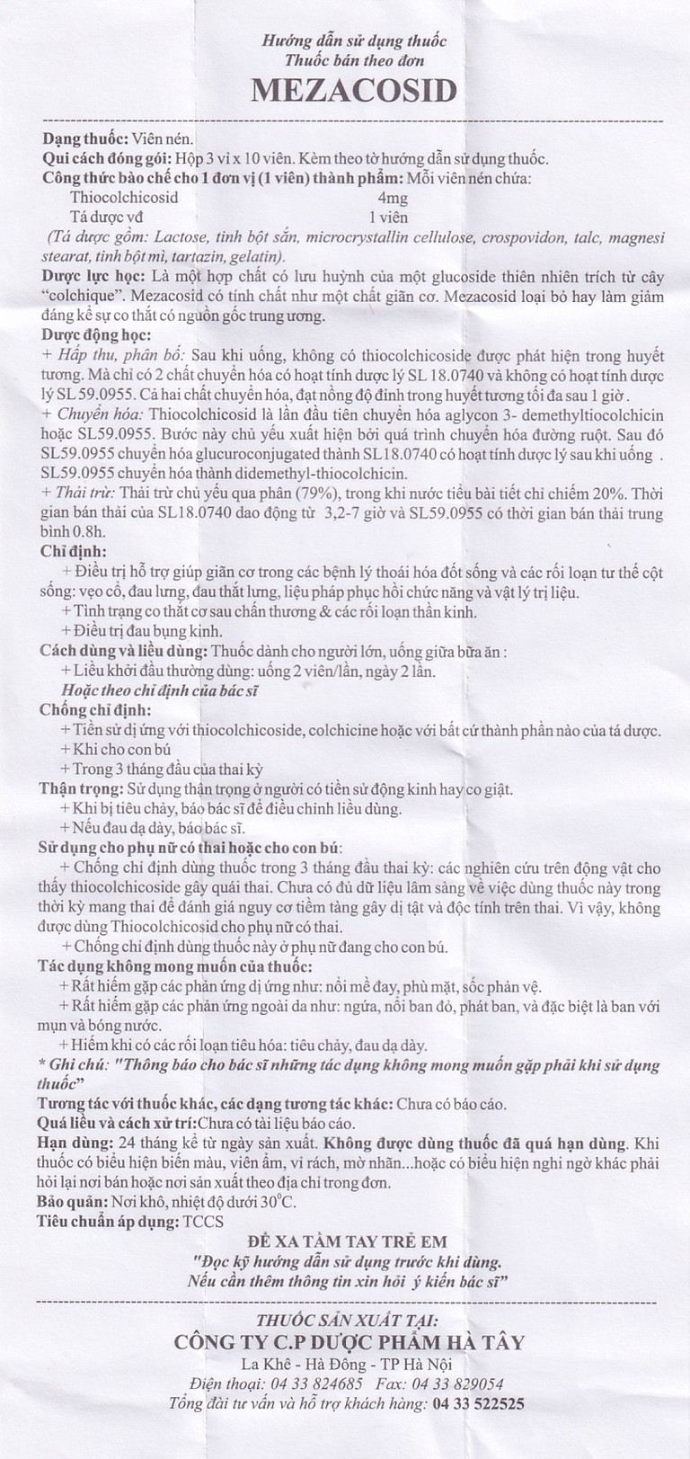 Thuốc Mezacosid 4mg Hataphar điều trị thoái hóa đốt sống, vẹo cổ, đau lưng (3 vỉ x 10 viên)