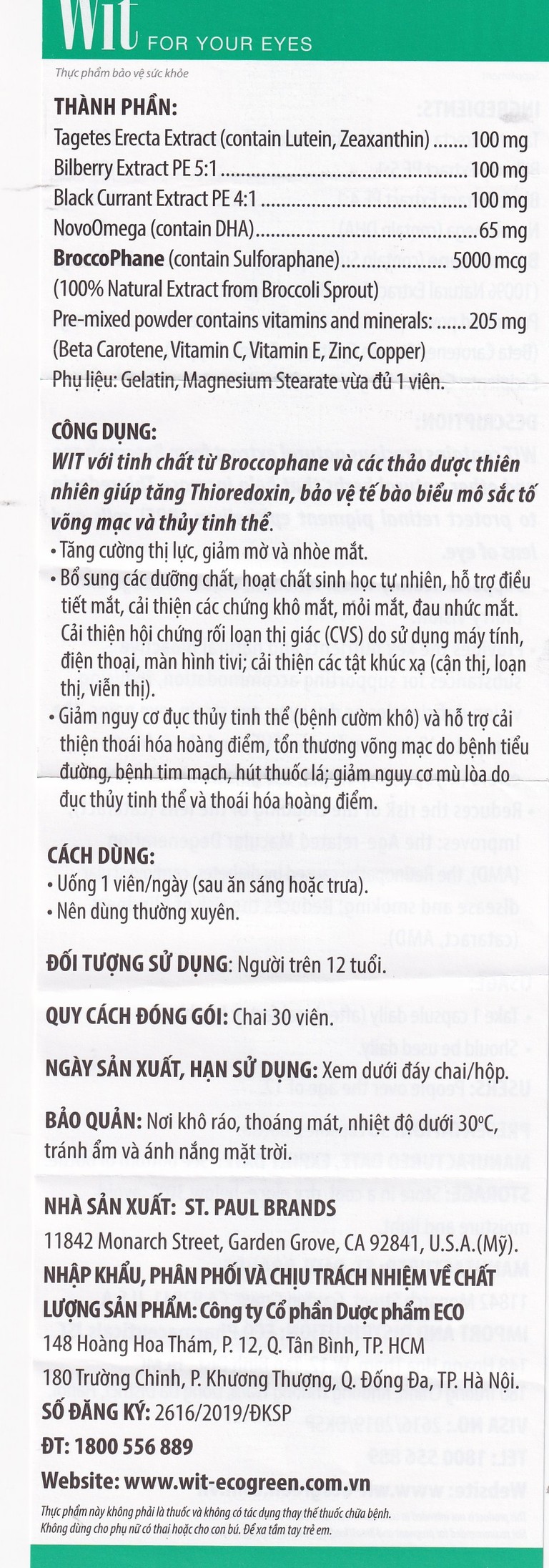 Viên nang WIT For Your Eyes Ecogreen tăng cường thị lực, giảm mờ và nhòe mắt (30 viên)