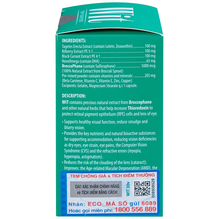 Viên nang WIT For Your Eyes Ecogreen tăng cường thị lực, giảm mờ và nhòe mắt (30 viên)