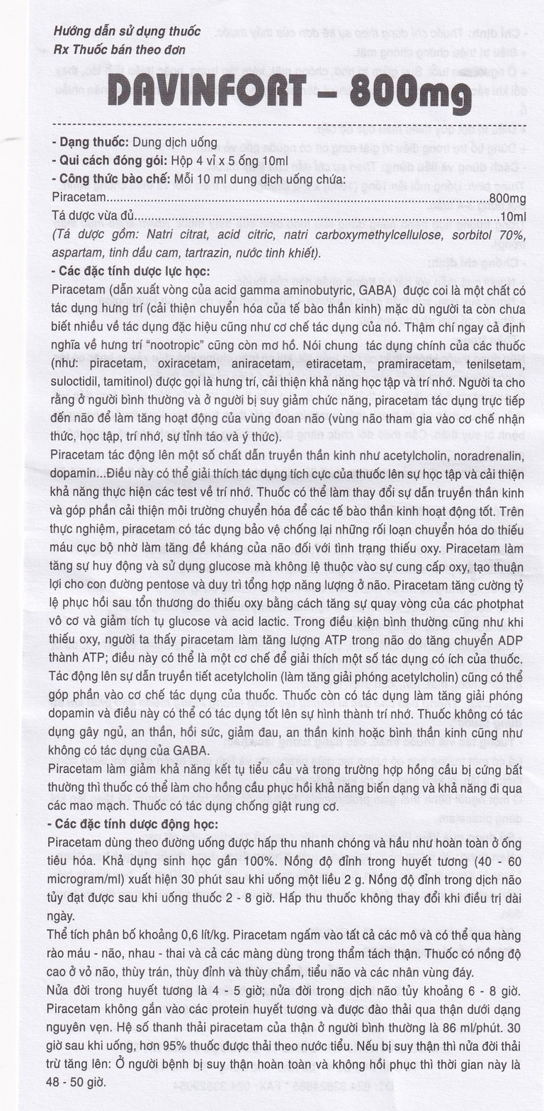 Dung dịch Davinfort 800mg/10ml Hataphar điều trị chứng chóng mặt (20 ống x 10ml)