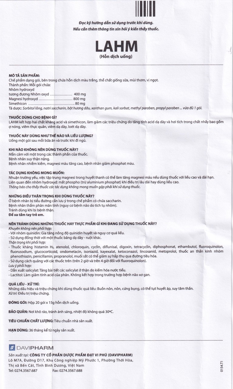 Hỗn dịch uống LAHM DaviPharm kháng acid, chống đầy hơi, ợ nóng, viêm thực quản, viêm dạ dày (20 gói x 15g)