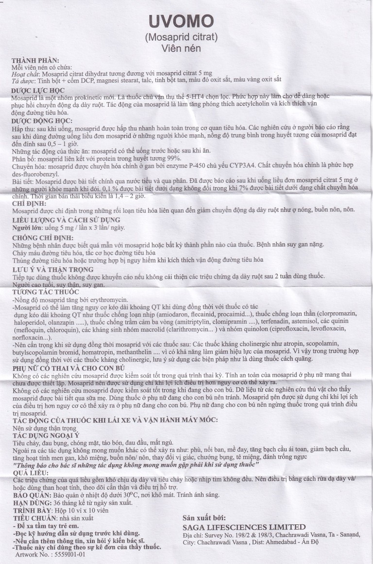 Thuốc Uvomo Saga điều trị rối loạn tiêu hóa (10 vỉ x 10 viên)