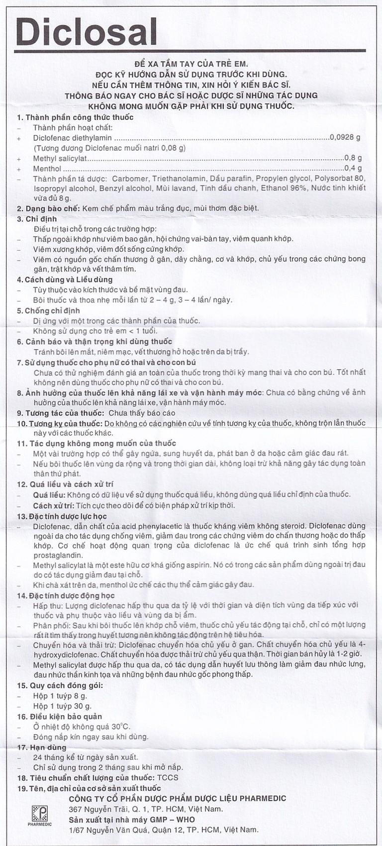 Kem bôi da Diclosal Cream Pharmedic điều trị thấp ngoài khớp, viêm xương khớp (8g)