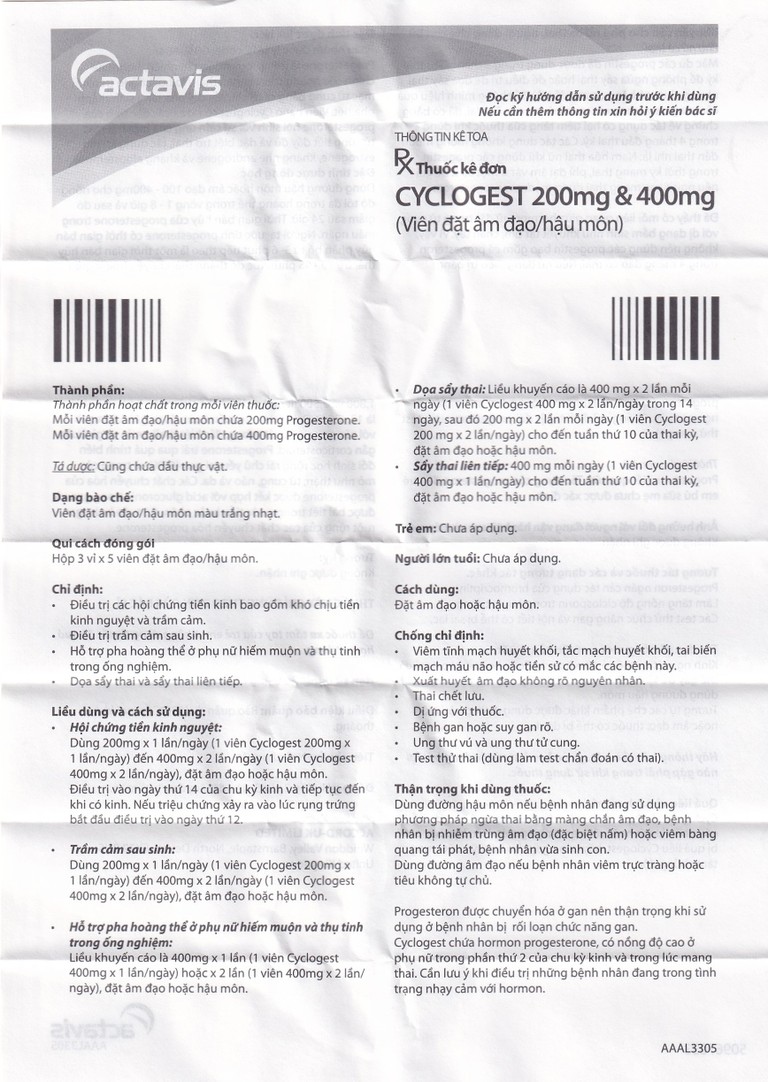 Viên đặt Cyclogest 200mg Actavis điều trị các hội chứng tiền kinh, trầm cảm (3 vỉ x 5 viên)