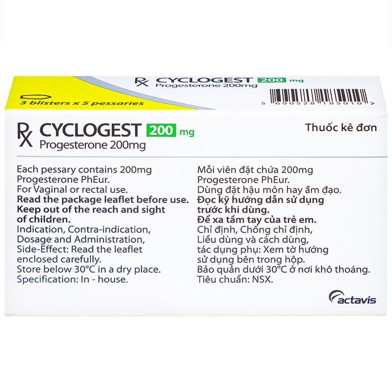 Viên đặt Cyclogest 200mg Actavis điều trị các hội chứng tiền kinh, trầm cảm (3 vỉ x 5 viên)
