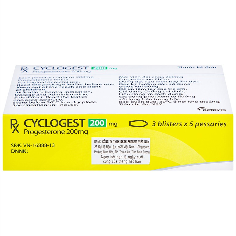 Viên đặt Cyclogest 200mg Actavis điều trị các hội chứng tiền kinh, trầm cảm (3 vỉ x 5 viên)