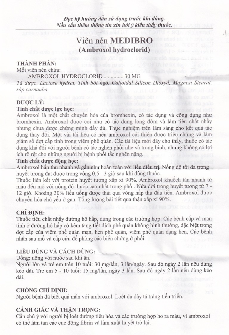 Viên nén Medibro 30mg Arlico tiêu chất nhầy đường hô hấp (10 vỉ x 10 viên)