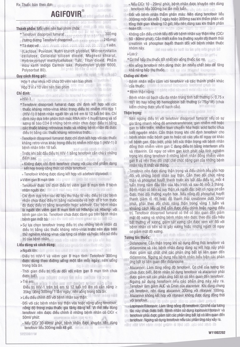 Thuốc Agifovir 300mg Agimexpharm hỗ trợ điều trị HIV-1, viêm gan B mạn tính (3 vỉ x 10 viên)