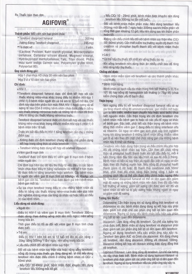 Thuốc Agifovir 300mg Agimexpharm hỗ trợ điều trị HIV-1, viêm gan B mạn tính (3 vỉ x 10 viên)