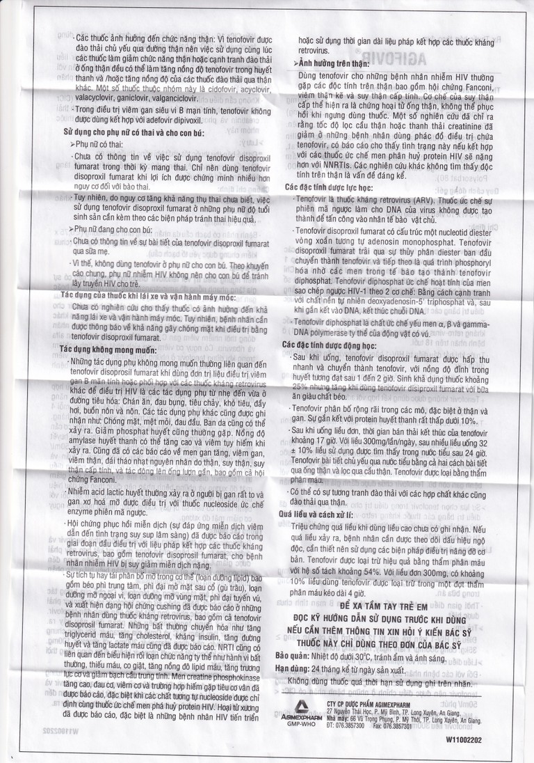 Thuốc Agifovir 300mg Agimexpharm hỗ trợ điều trị HIV-1, viêm gan B mạn tính (3 vỉ x 10 viên)