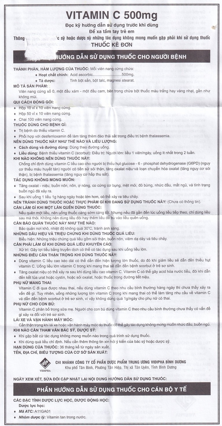 Thuốc Vitamin C 500mg Vidipha điều trị bệnh do thiếu Vitamin C (100 viên)