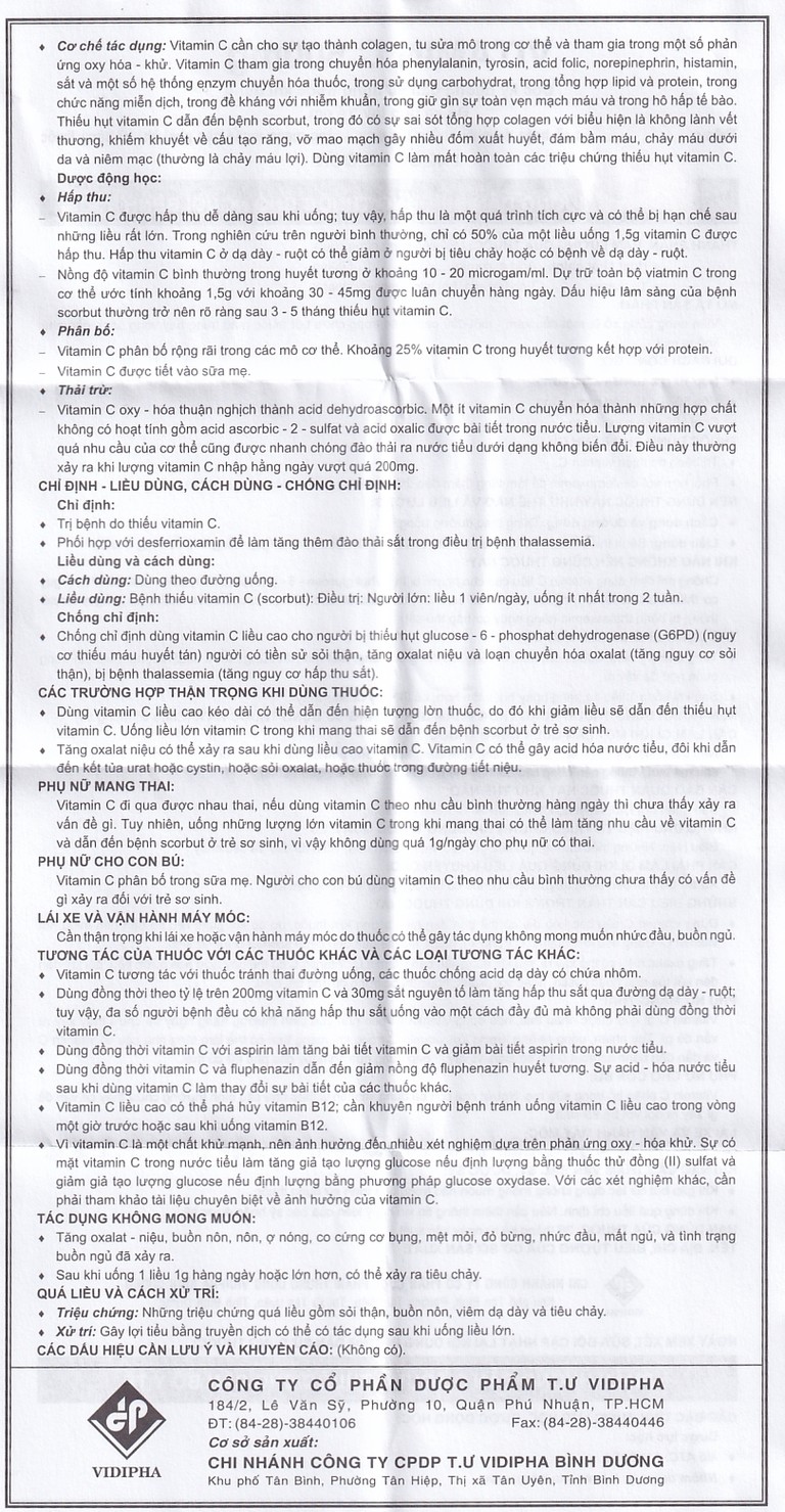 Thuốc Vitamin C 500mg Vidipha điều trị bệnh do thiếu Vitamin C (100 viên)