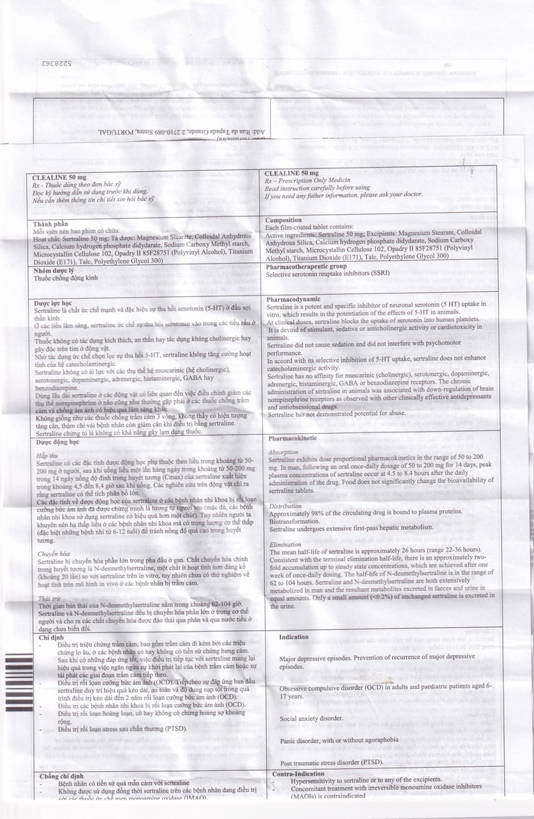 Thuốc Clealine 50mg Atlantic điều trị triệu chứng trầm cảm, rối loạn cưỡng bức ám ảnh (6 vỉ x 10 viên)