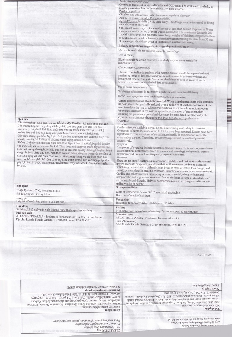 Thuốc Clealine 50mg Atlantic điều trị triệu chứng trầm cảm, rối loạn cưỡng bức ám ảnh (6 vỉ x 10 viên)