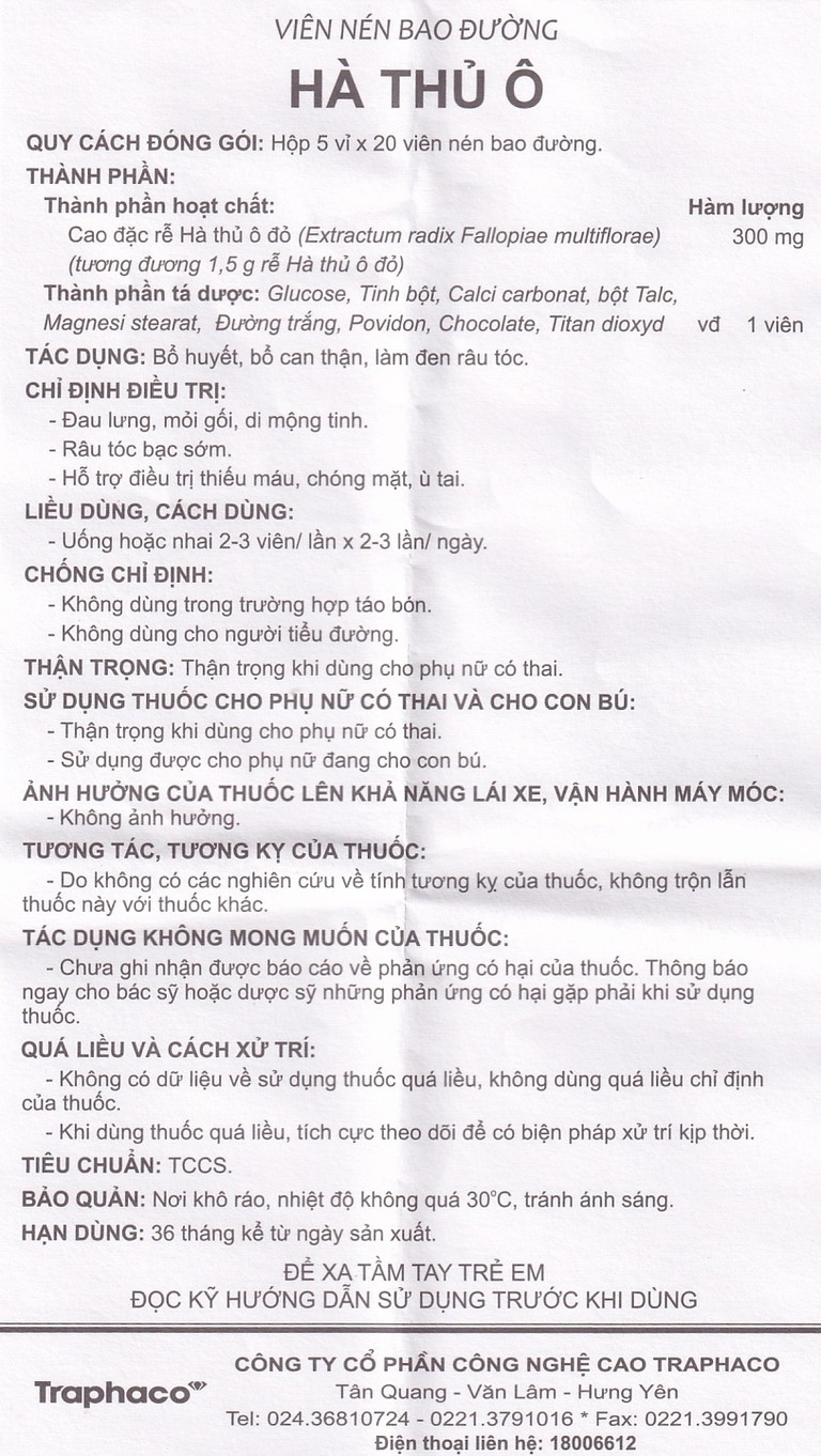 Thuốc Hà Thủ Ô Traphaco điều trị đau lưng, mỏi gối, di mộng tinh (5 vỉ x 20 viên)