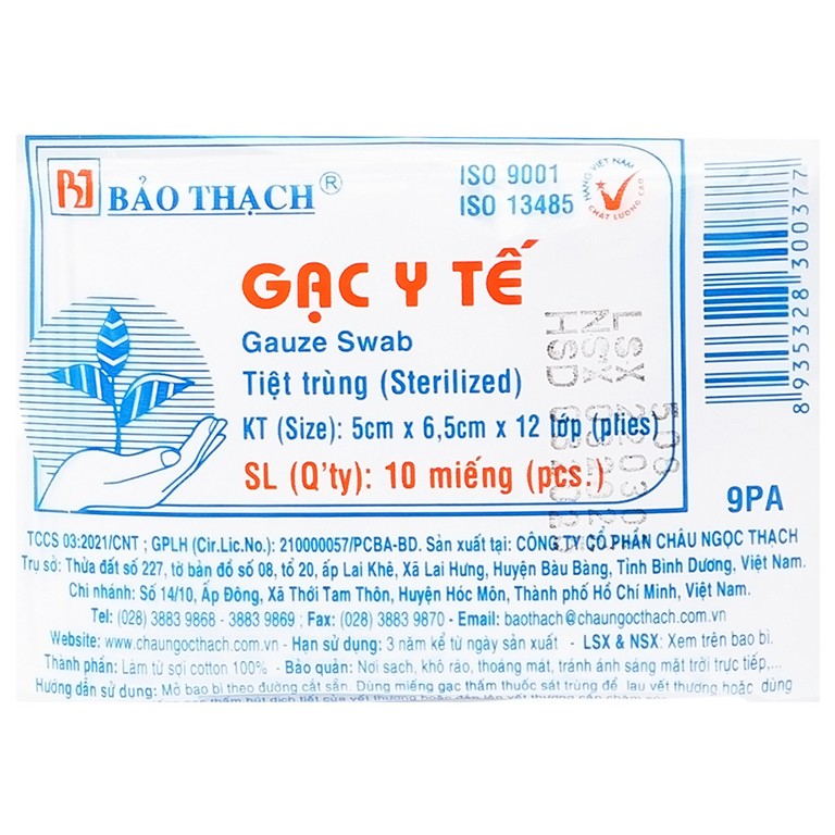 Gạc y tế tiệt trùng 5cm x 6.5cm x 12 lớp Bảo Thạch sơ cứu vết thương, thấm máu và dịch tiết (100 gói)