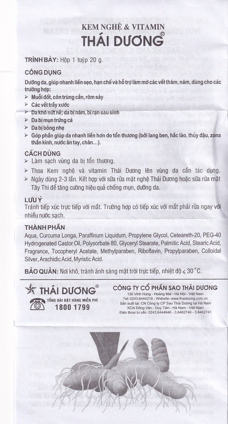 Kem bôi nghệ và Vitamin Thái Dương Nano Bạc giúp mờ thâm sẹo, nám (20g)