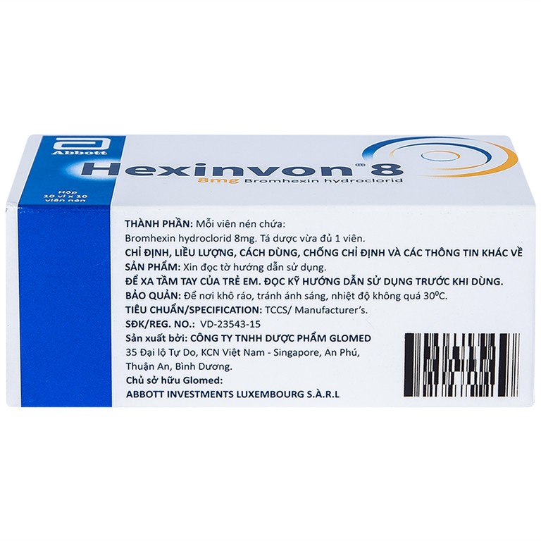 Thuốc Hexinvon 8 Glomed điều trị tiết chất nhầy bất thường trong viêm phế quản cấp tính và mạn tính (10 vỉ x 10 viên)