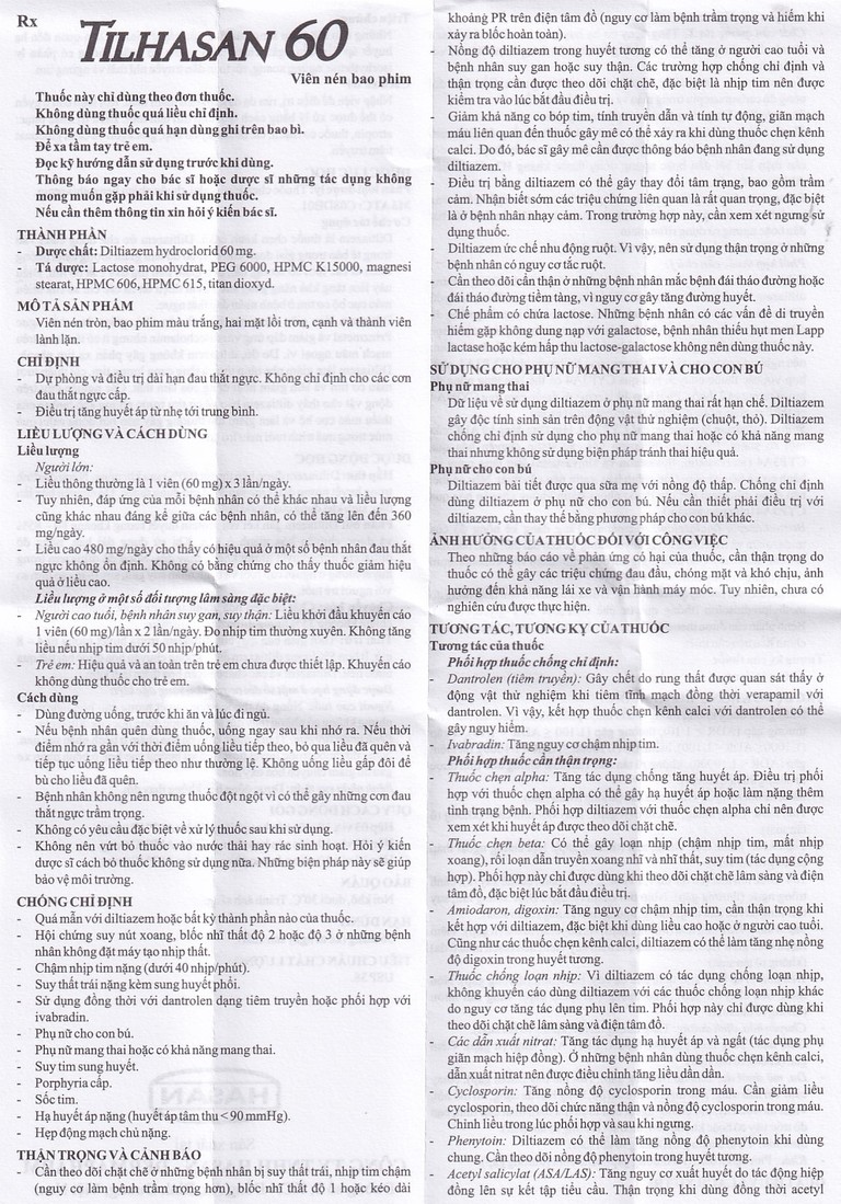 Thuốc Tilhasan 60 Hasan điều trị tăng huyết áp (3 vỉ x 10 viên)