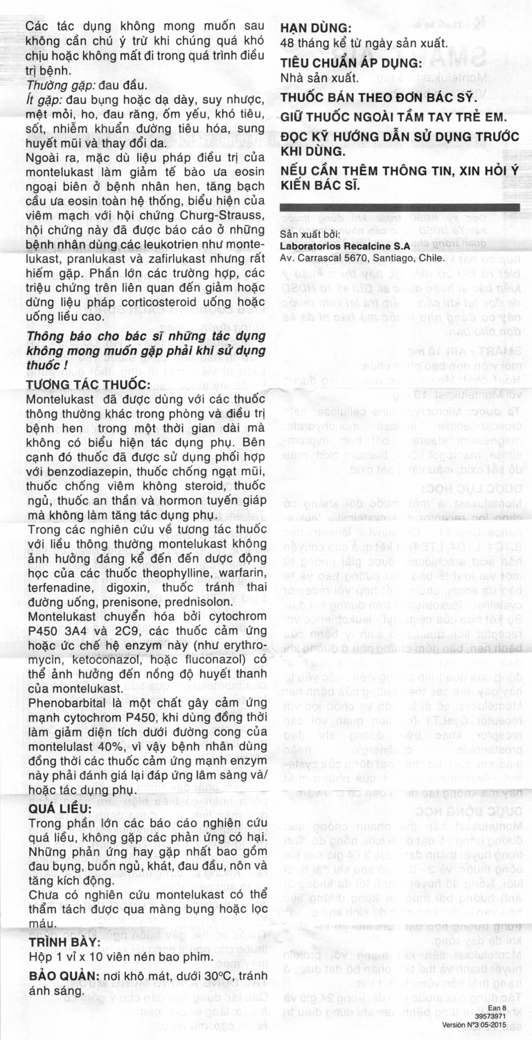 Thuốc Smart-Air 10mg Abbott điều trị hen phế quản mạn tính (1 vỉ x 10 viên)