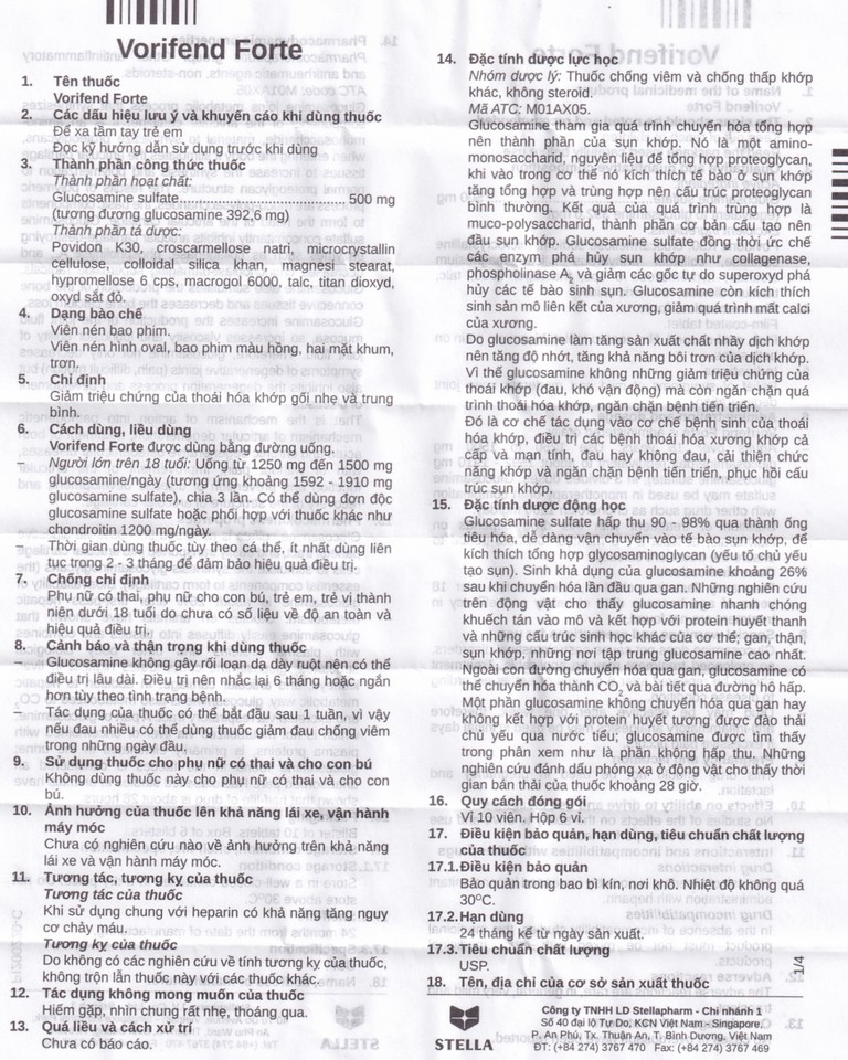 Thuốc Vorifend Forte 500mg Stella giảm triệu chứng của thoái hoá khớp gối (6 vỉ x 10 viên)