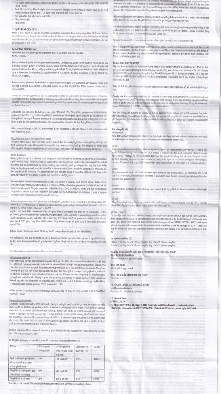 Thuốc Rotacor 20mg Sandoz điều trị tăng cholesterol toàn phần (3 vỉ x 10 viên)