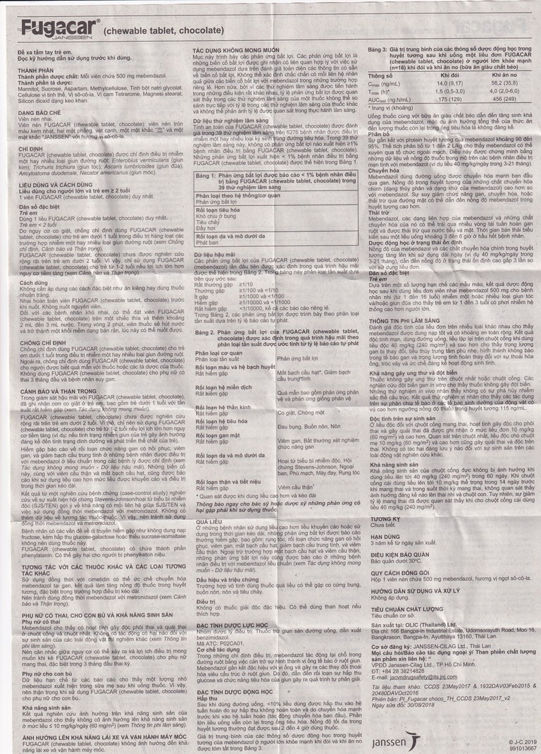 Thuốc Fugacar Janssen hương socola điều trị nhiễm một hay nhiều loại giun đường ruột (1 viên)