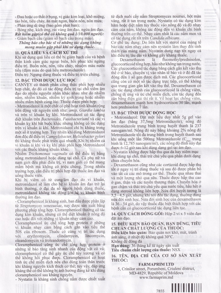 Viên đặt âm đạo Canvey Farmaprim điều trị nhiễm khuẩn âm đạo (2 vỉ x 5 viên)